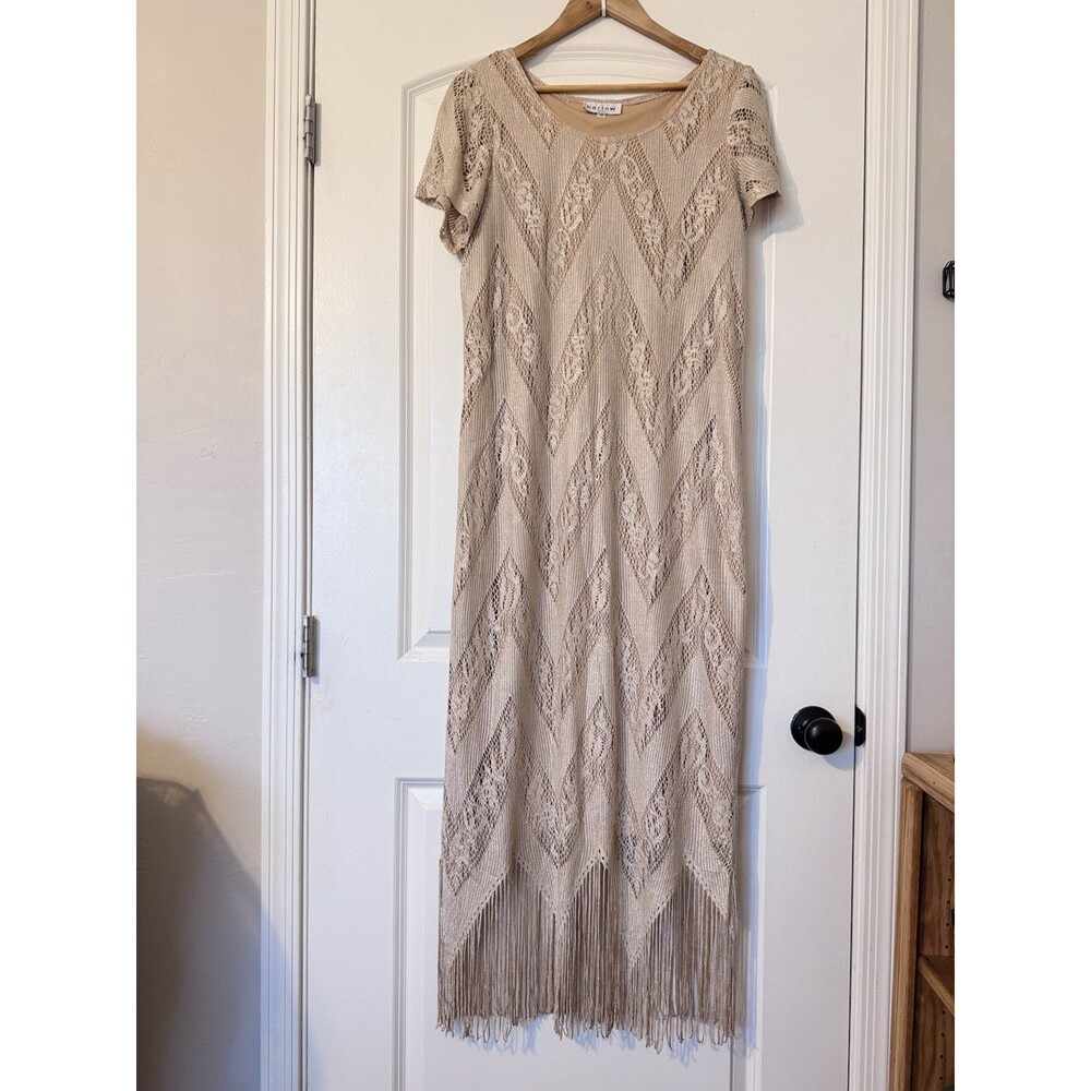 Harlow Sz 18 Beige Crochet Fringe Vintage Lined Maxi Dress Chevron Boho Flapper